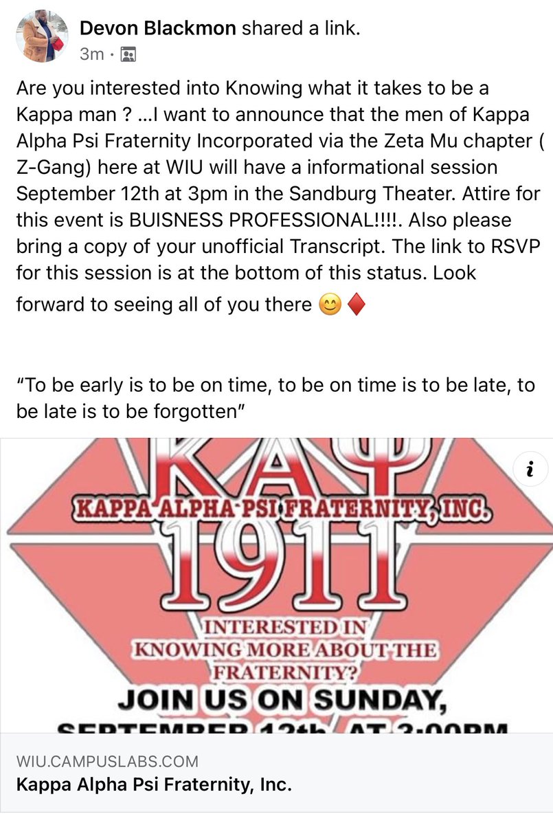Dev_Hefner's tweet photo. The Infamous Zeta Mu chapter of Kappa Alpha Psi Fraternity Inc here at WIU will be hosting a informational Session September 12th at 3pm. The link to RSVP will be here in this post. Look forward to seeing you there!! #TheNewZetaMu ♦️👌🏽 https://t.co/0Xqp7n1NeD https://t.co/uZAEHJflOe