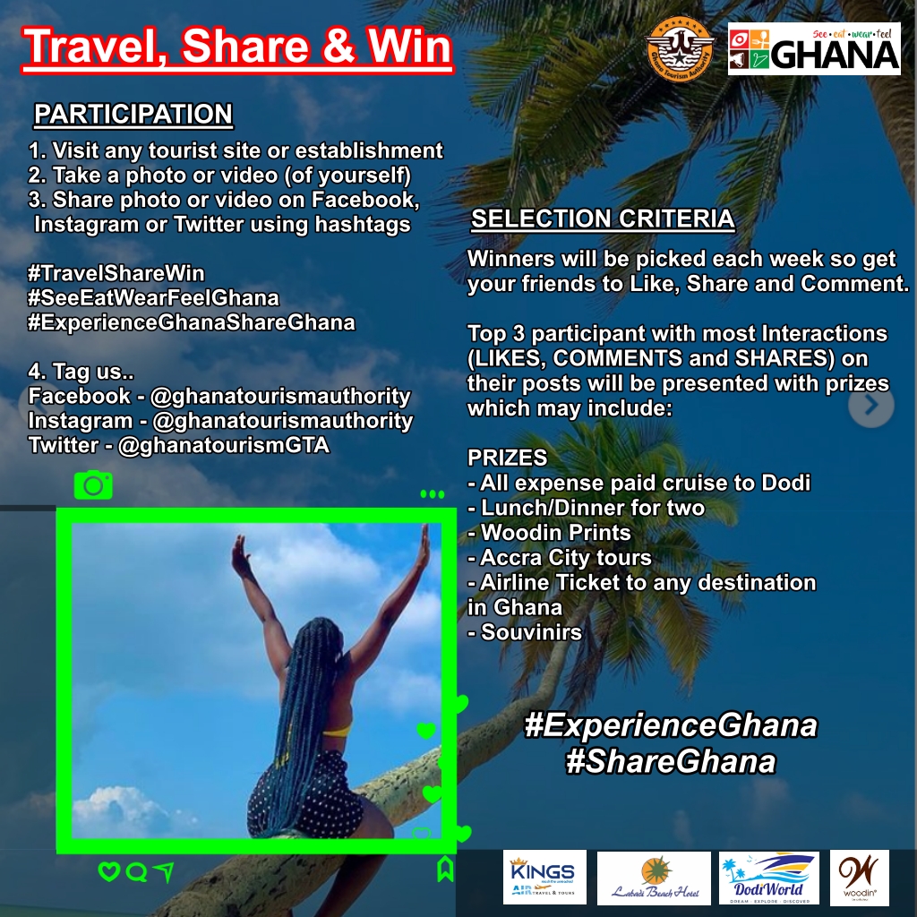 We are happy to announce our #travelsharewin Week 12 winners.
@akosuashrly gets a return ticket to any destination in Ghana. Awuradwoa gets a trip to Dodi Island and Michael gets <a href="/WoodinFashion/">Woodin Fashion</a> fabric.
#experienceghana #shareghana #experienceghanashareghana #seeeatwearfeelghana