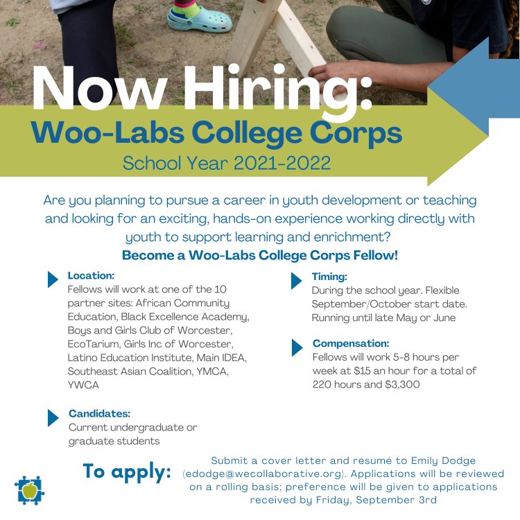 Are you a #collegestudent planning to pursue a career in youth development or looking for an exciting, hands-on experience working directly with youth to support learning and enrichment? @WecEducation is recruiting for its second cohort of Woo-Labs College Corps Fellows!
