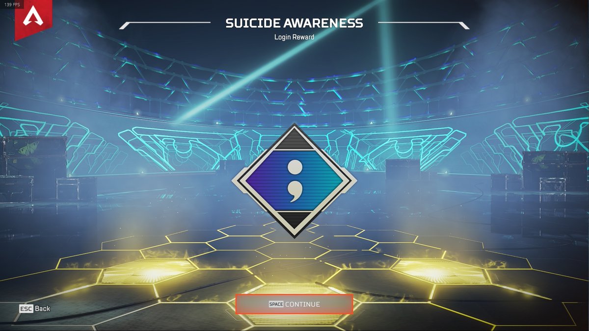 Suicide Awareness badge is now available for all players as a login reward.

'A semicolon is used when a writer could have ended their sentence, but chose not to.'