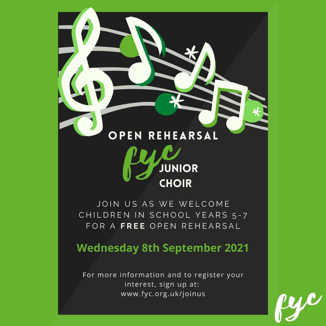 Just a week to go until rehearsals start again. There are still a few places available for open rehearsals for our Junior and Training choirs. fyc.org.uk/joinus