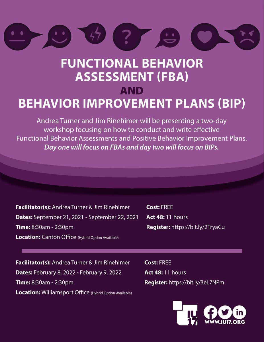 BLaSTIU17's tweet image. Presenting a two-day workshop with BLaST IU 17’s Andrea Turner & Jim Rinehimer! Join as we focus on Functional Behavior Assessments & Positive Behavior Intervention Plans! Register now at bit.ly/2TryaCu
#FunctionalBehavior #FBAs #BIPs #ActCredits #ProfessionalLearning