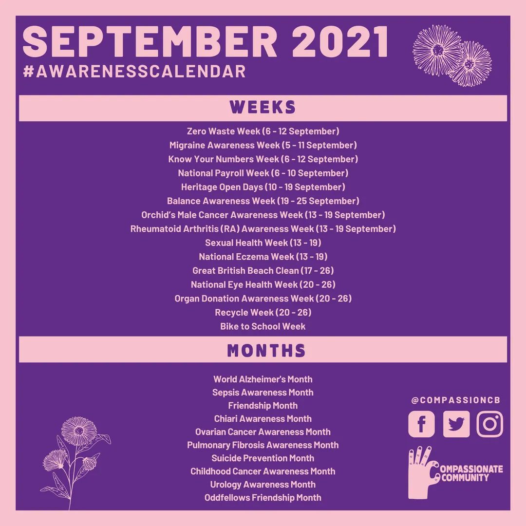 compassioncb's tweet photo. September has arrived and so has the latest Compassionate Community #AwarenessCalendar 📅 

This month is full of awareness days, weeks and months, so much so it took us a lot longer to put the calendar together!! 😅

#CompassionateCommunity #AwarenessDays #AwarenessWeeks https://t.co/wqsywKrLAa