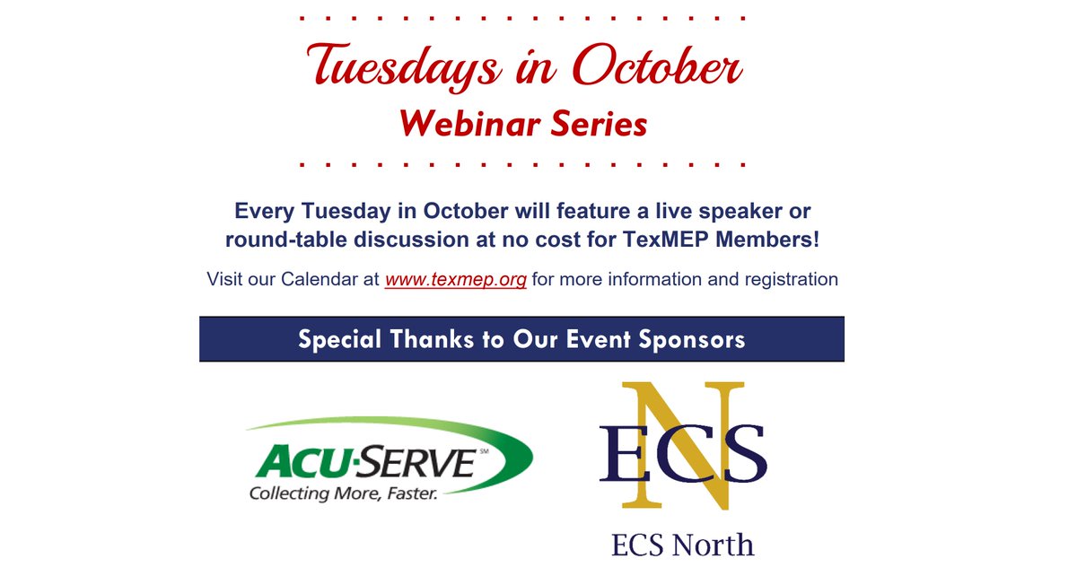 TexMEP's tweet photo. Registration has opened for our upcoming webinar series: Tuesdays in October!
Thank you to @ACUServe and @ECSBillingNorth for sponsoring this event!
#TexMEPEvents #HME #DME #Homecare https://t.co/qTXXg9ovdI