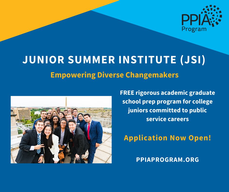 ppiaprogram's tweet photo. APPLICATION NOW OPEN for the 2022 Junior Summer Institute Fellowship! We are excited to welcome a sixth host school for next summer- @uwevansschool!

Learn more: https://t.co/77neszZnqA
Apply: https://t.co/fLme33ur6L https://t.co/uEraPAt4gs