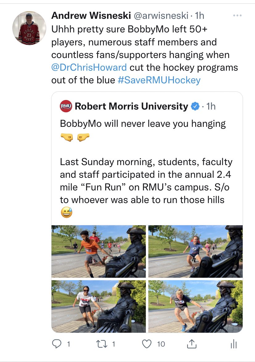 arwisneski's tweet photo. .@RMU’s way of reacting to adversity: Delete, ignore and act like it never happened. This tasteless tweet, “never leave you hanging” which was obviously met with comments about what they did to the hockey programs, has now been deleted. FB post has new wording & deleted comments https://t.co/iaxNmqi0qP