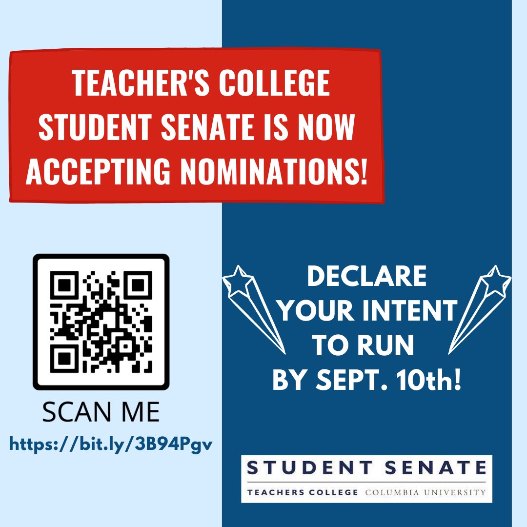 TCStudentSenate's tweet image. Students can now submit a Declaration of Intent to run for a position in the TC Student Senate. Declarations will be accepted until September 10. 
—
More details, as well as the form to submit a Declaration, can also be found in a September 1st email from TC Student Senate.