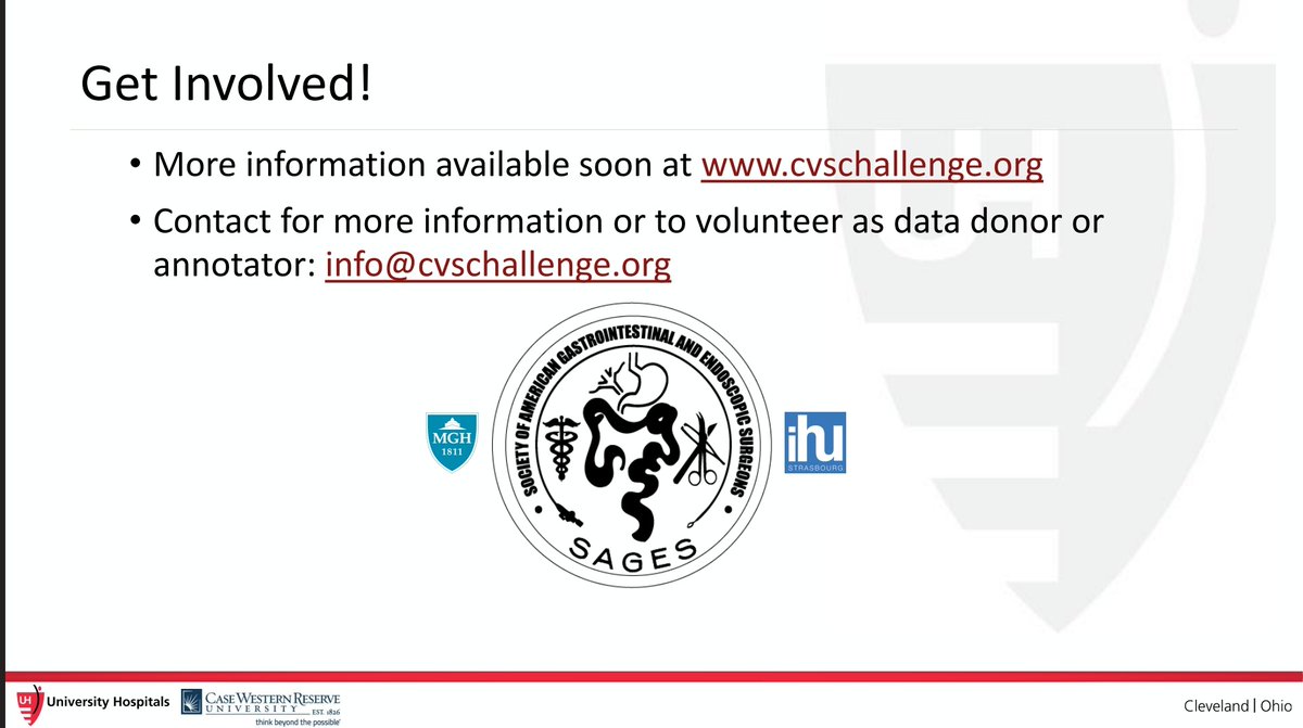 Dan Hashimoto, MD MS FACS (@laparoscopes) on Twitter photo The <a href="/SAGES_Updates/">SAGES is in Tampa in 2026!</a> #CVSChallengeAI for #AI recognition of critical view of safety announced at #sages2021!
Donate data, sponsor the challenge, volunteer to annotate! And compete in 2022!
Keep an eye on cvschallenge.org for updates and information! The <a href="/SAGES_Updates/">SAGES is in Tampa in 2026!</a> #CVSChallengeAI for #AI recognition of critical view of safety announced at #sages2021!
Donate data, sponsor the challenge, volunteer to annotate! And compete in 2022!
Keep an eye on cvschallenge.org for updates and information!