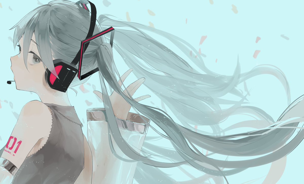 hatsune miku 1girl solo long hair twintails detached sleeves grey shirt headset  illustration images