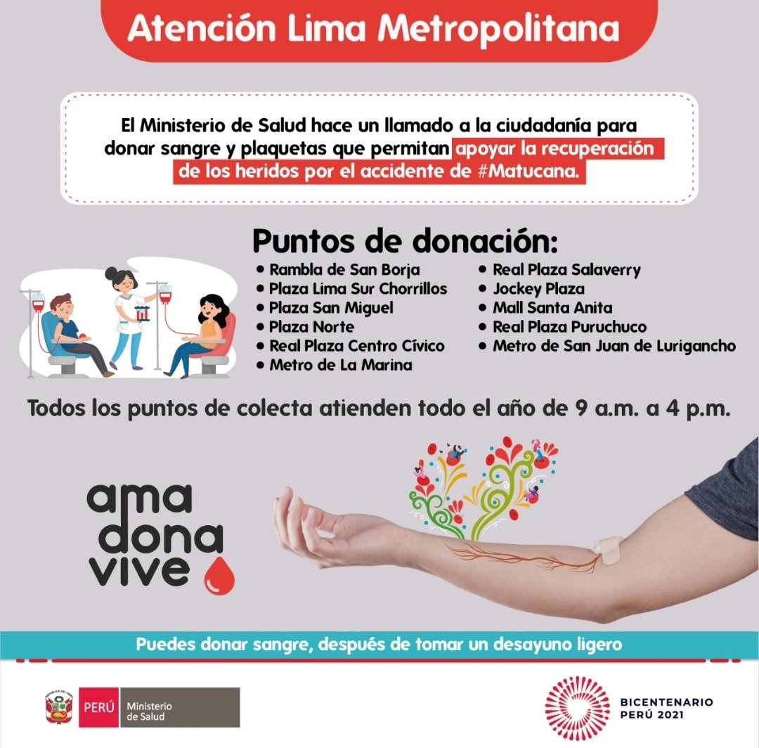 🔴 ATENCIÓN LIMA METROPOLITANA | Se necesita donantes de sangre y plaquetas para apoyar en la recuperación de los heridos del accidente de Matucana.

Acércate a los siguientes puntos de donación de 9 a.m. a 4 p.m. ¡Tu ayuda es importante!