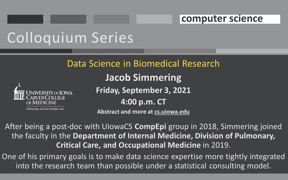UIowaCS's tweet photo. 📣Join us 9/3 4pm CT for "#DataScience in #BiomedicalResearch." @iacobus42 will discuss how the development of this field has shifted the ways in which experts develop epidemiologic knowledge. 👀https://t.co/SdOvbfobmb #CompEpi #IoT #DiseasePrevention #EnvironmentalData https://t.co/NOzX1OeAEm