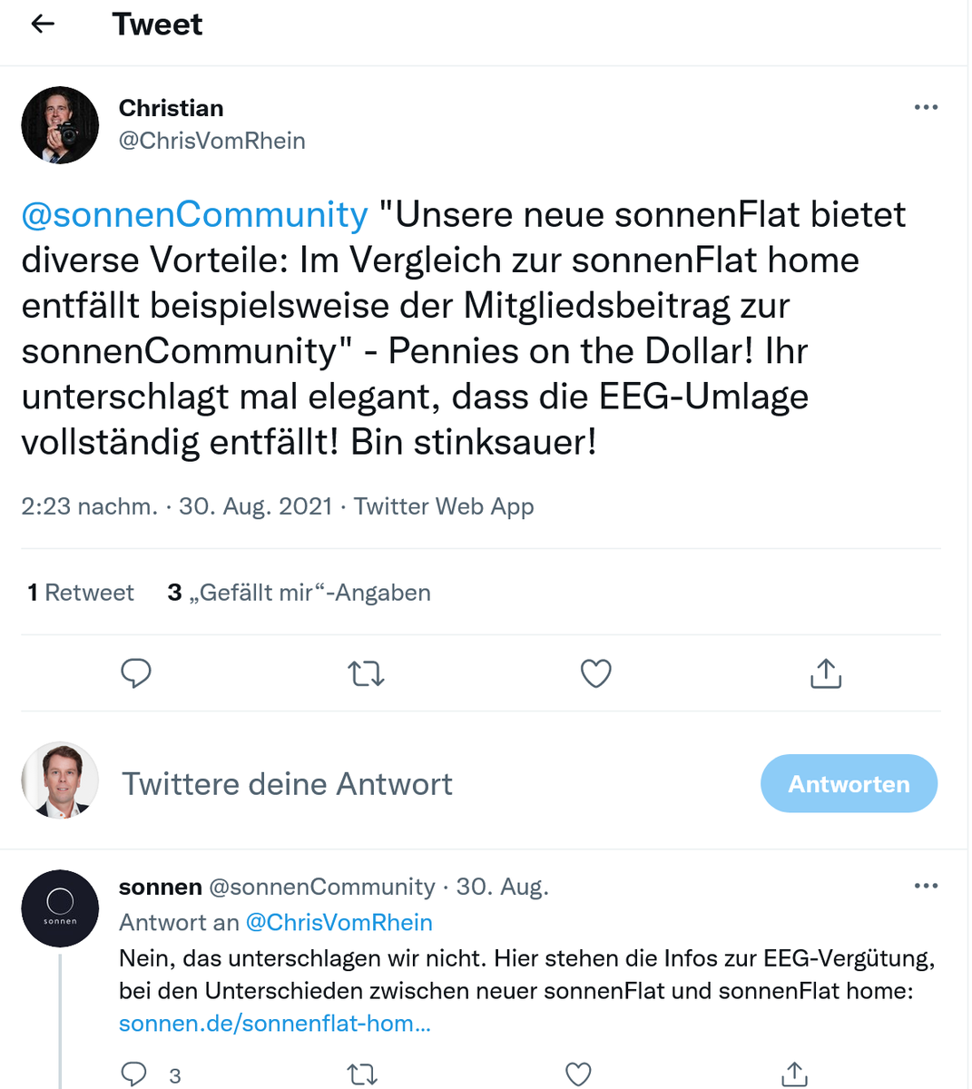 cutwindt's tweet photo. Paukenschlag: @sonnenCommunity kündigt #SonnenFlat - djer einzige Cloud- u Community-Tarif, das sich für Verbraucher (zu sehr?)  gelohnt hat. #Prosumer

@TspBackgroundEK @energate_news @pvmagazine_de @zeitung_energie @vznrw_energie @photovoltaik @Shell_Germany @energieexperten https://t.co/kefU0C7tYc