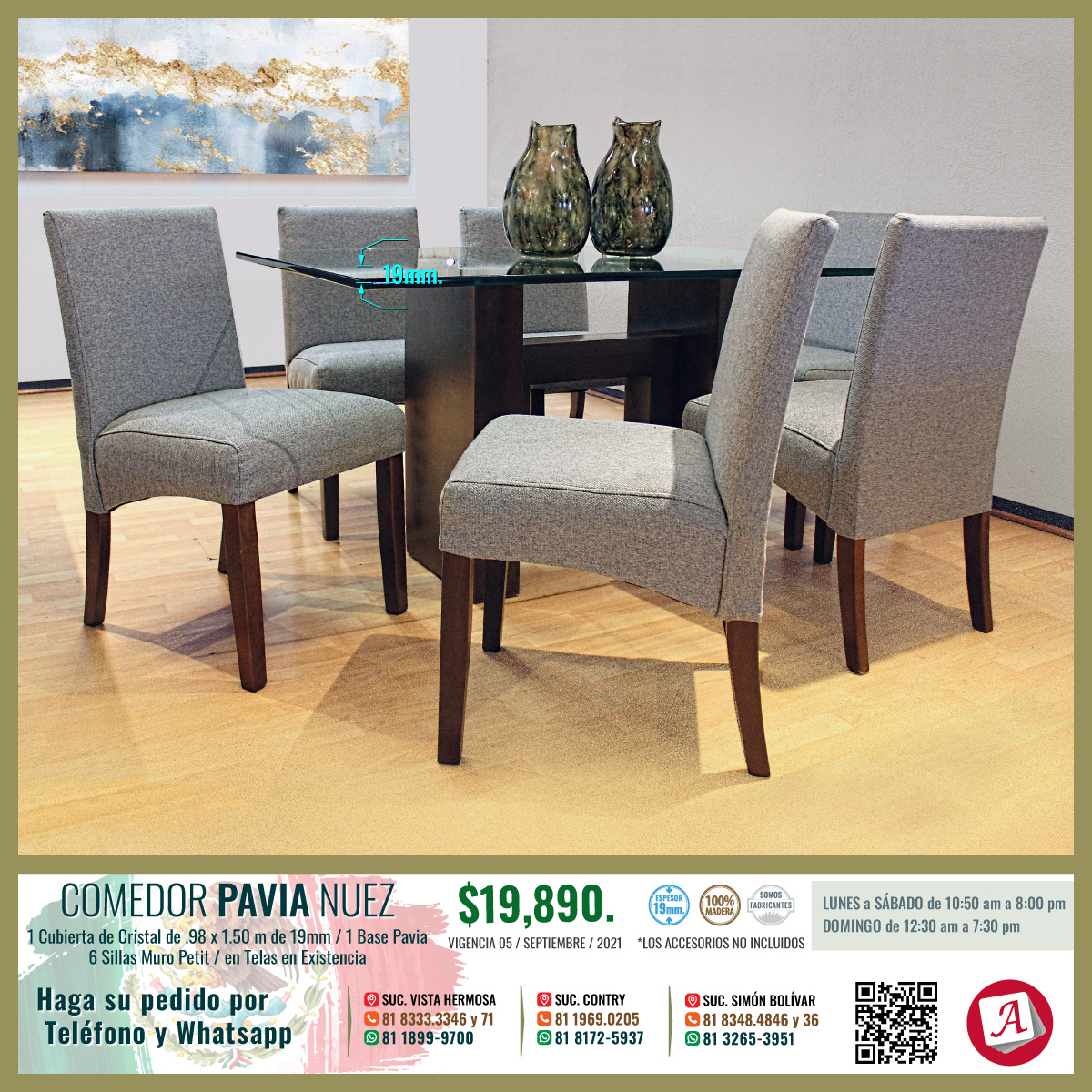 AragonMuebles's tweet photo. COMEDOR MODELO PAVIA NUEZ, en $19,890.00, con 1 Cubierta de Cristal de .98 x 1.50 m de 19mm, 1 Base Pavia, y 6 Sillas Muro Petit en telas en existencia, ¡VISÍTENOS! Haga su Pedido WhatsApp:  81 18999700, 81 81725937, 81 32653951, #aragonmueblesydecoración ¡TE ESPERAMOS! https://t.co/6wTBD1UVzd
