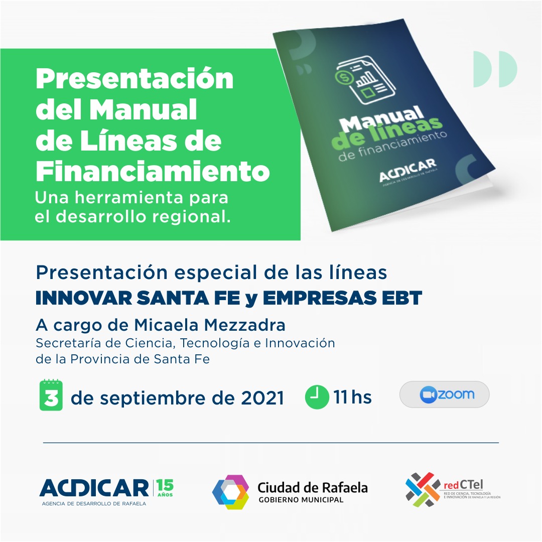 👉Te invitamos a conocer el Manual de Financiamiento para PyMEs, empresas y emprendedores.

Además, nos acompañará Micaela Mezzadra de <a href="/CienciaSantaFe/">Ciencia Santa Fe</a> para presentar INNOVAR SANTA FE y EMPRESAS EBT.
📆Viernes 3/9 -11 hs
¡No te lo pierdas!
🔗 Inscribite en: bit.ly/3jzrzQT