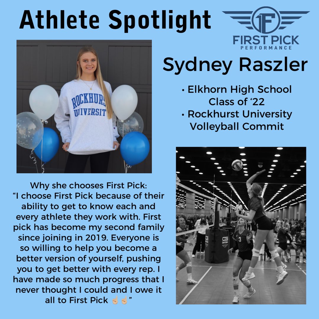 FirstPickNE's tweet photo. ✨ATHLETE SPOTLIGHT ✨
@SydneyRaszler 
We love Syd’s hard work ethic and contagious good mood everytime she comes into the gym! 
#FirstPickFamily☝️ https://t.co/YwPsQ2Amag