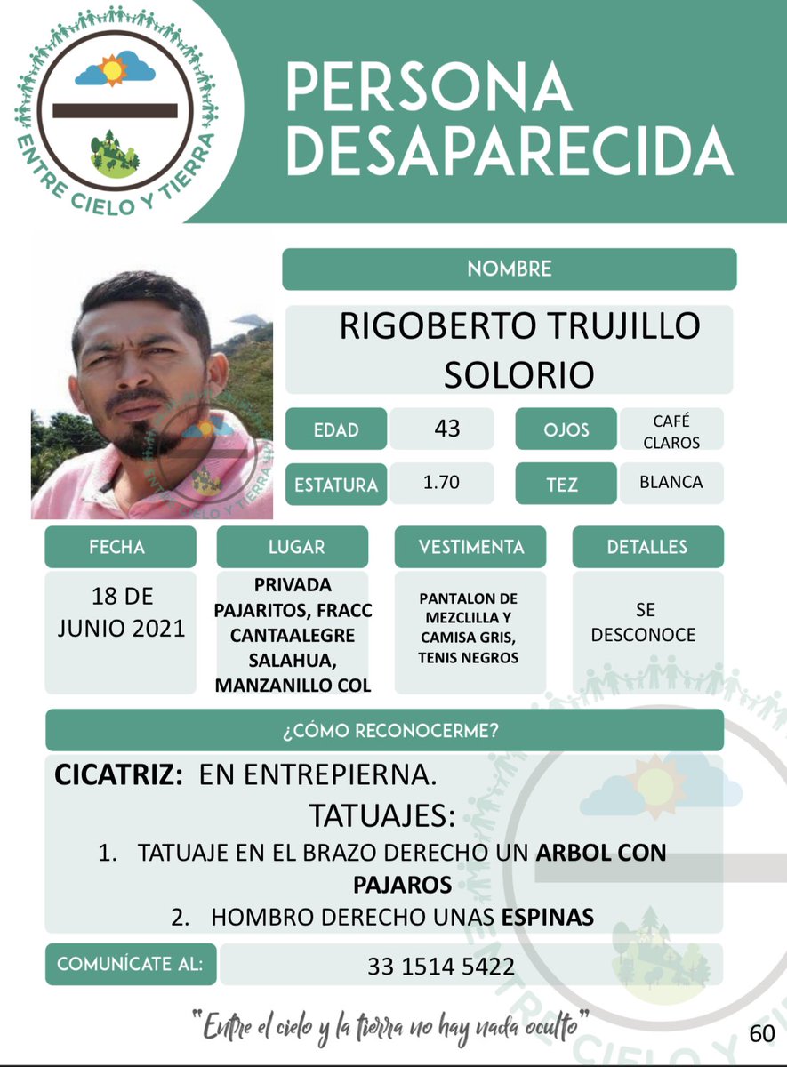 HOY AYÚDANOS A COMPARTIR A:
RIGOBERTO TRUJILLO SOLORIO 
#EntrecieloyTierra #DesaparecidosJalisco #NosHaceFalta #NiUnoMas