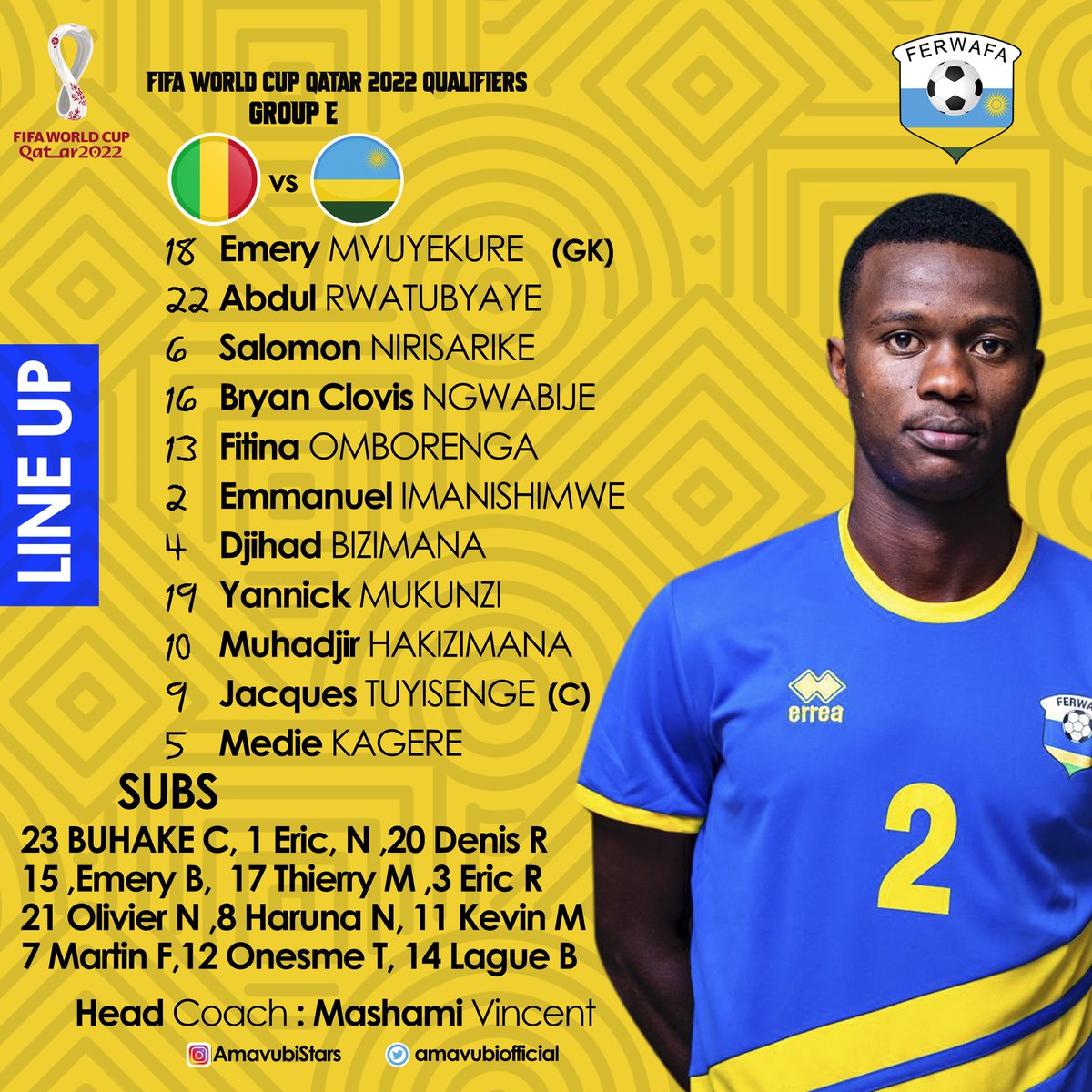 Official Lineup as the @AmavubiStars face off with Mali 🇷🇼 in the first match of Group E in the FIFA World Cup Qatar 2022 African Qualifiers. 

Let's go guys 💪

#Tubadwinge #Amavubi #Rwanda