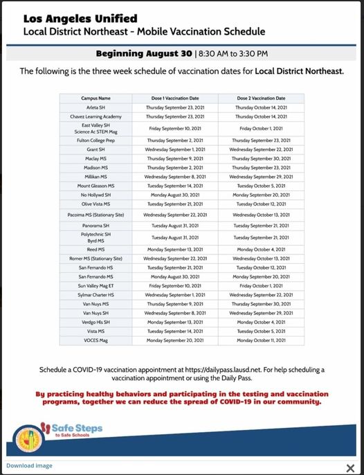 Mobile Vaccination Centers available for next 3 weeks. All no charge. Use Daily Pass to schedule appointment time/date.