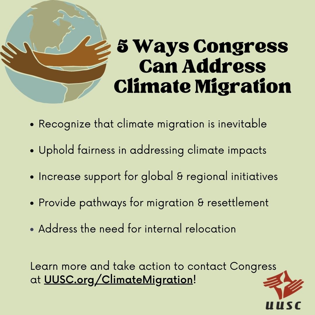 The #ClimateCrisis means that many people will be forced to leave their homes as climate effects worsen, such as hurricanes, floods, and fires. 

Take action at UUSC.org/ClimateMigrati… to contact Congress in support of a response to climate migration that centers #HumanRights.
