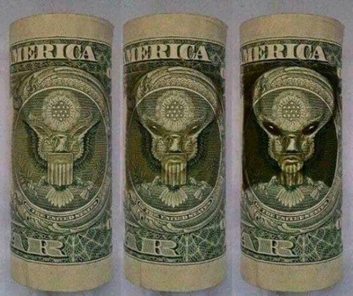 1 доллар против. Инопланетянин на долларовой купюре. Пришелец на долларе. Изображение инопланетянина на долларе. На долларах рептилоиды.