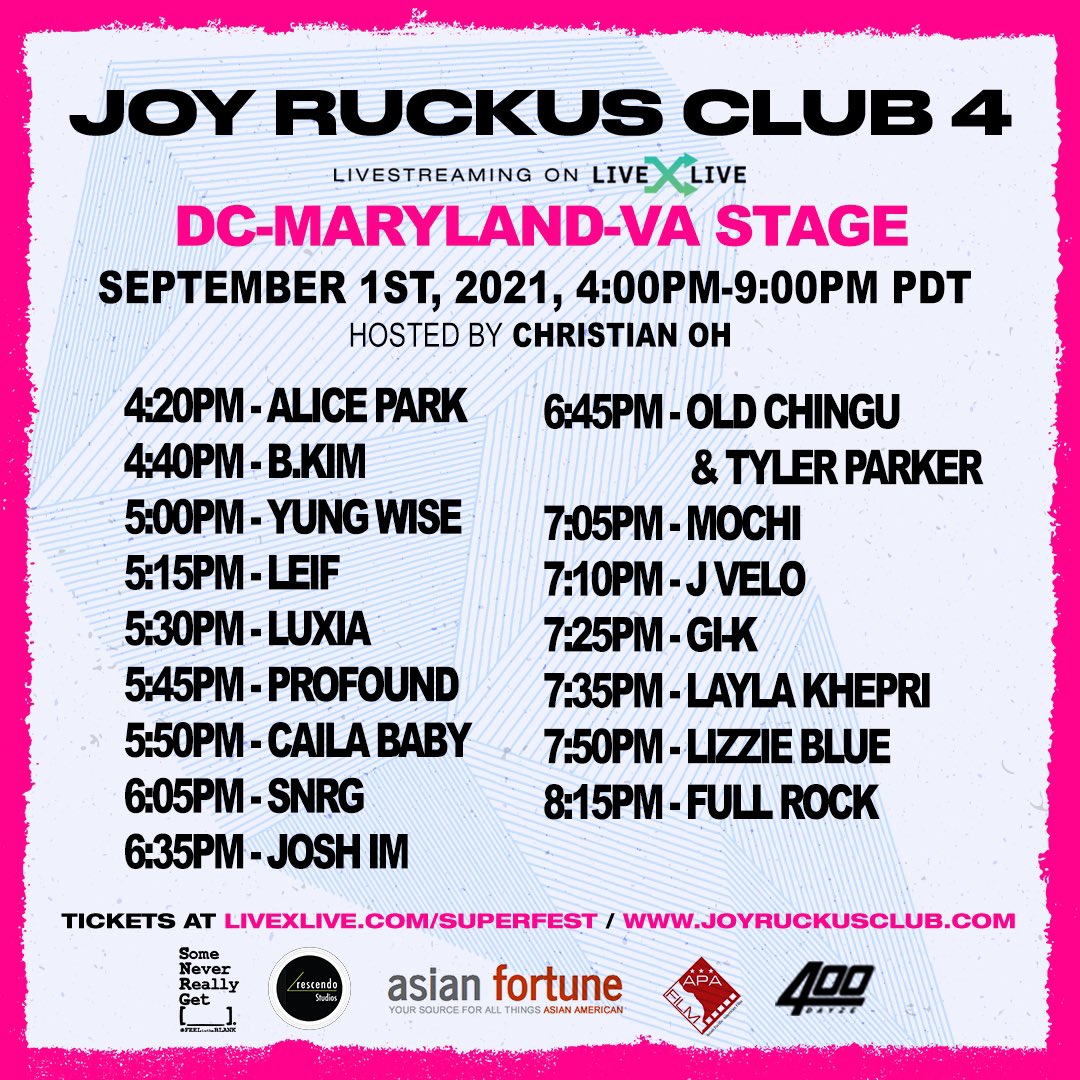 JOY RUCKUS CLUB 4 DAY 6 on <a href="/livexlive/">LiveOne</a>

The DMV takes over! 

Hosted by <a href="/xianoh/">Christian Oh</a> 

Performers include <a href="/yoooooalice/">alice in blunderland</a> <a href="/bbbriankim/">B.Kim</a> <a href="/wise202/">yungwise</a> <a href="/oldchingubaby/">Old Chingu 🌱</a> <a href="/LaylaKhepri/">#TrappySeñorita</a> &amp; more! 

🎫: livexlive.com/superfest

#JRC4
