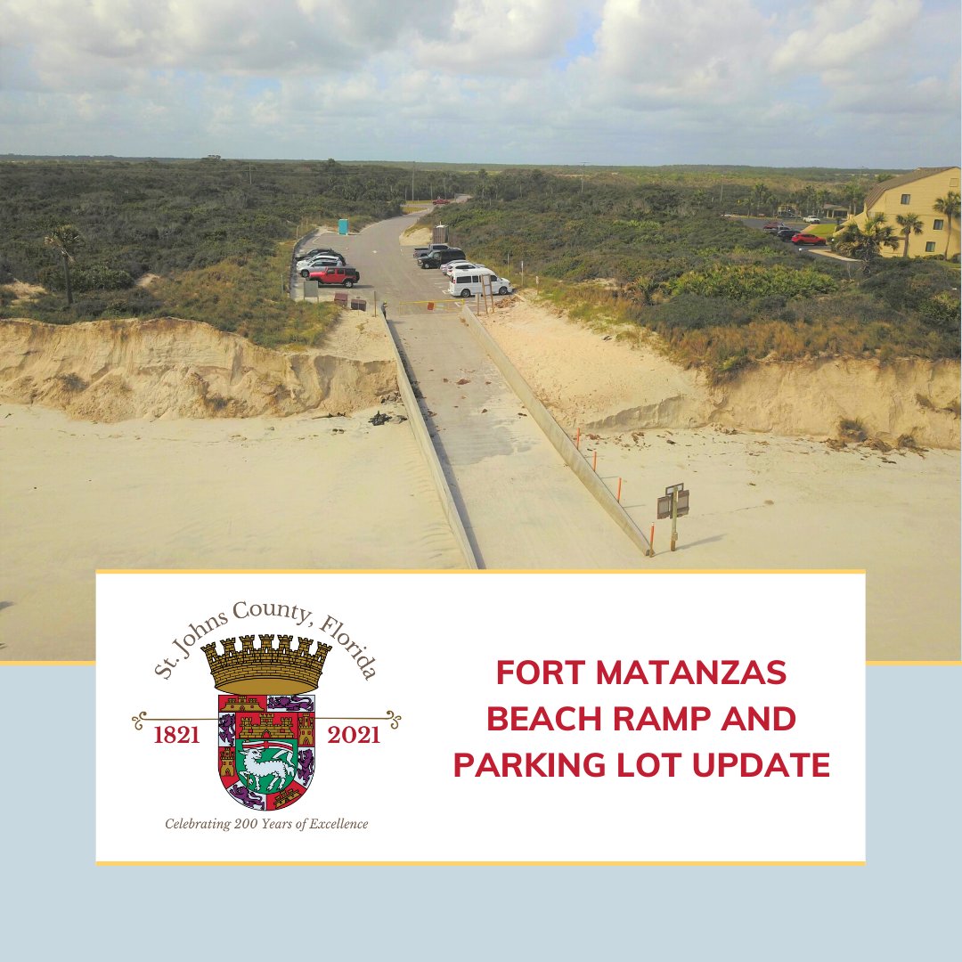 The Ft Matanzas vehicular beach access ramp and associated parking lot will close on Sept 7 to allow the mobilization/setup of equipment for sand placement activities. While the project is underway, there will be no pedestrian/vehicular access to the beach from this lot. (1/2)