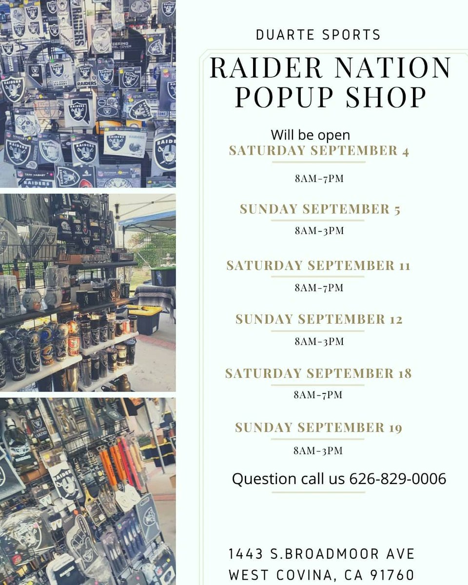 RNATheNFL's tweet photo. #RaiderNation popup shop this Sat  8am-7pm &amp; Sun 8am-3pm

Event page
https://t.co/sL7LNsjxJ2

#DuarteSports we be set up in the back of the house located is
1443 S.Broadmoor Ave 
West Covina 91790
#Raiders #FanShop #WestCovina #sangabrielvalley 
#SupportSmallBusiness
#RaidersGear https://t.co/5TXIyAsrFs
