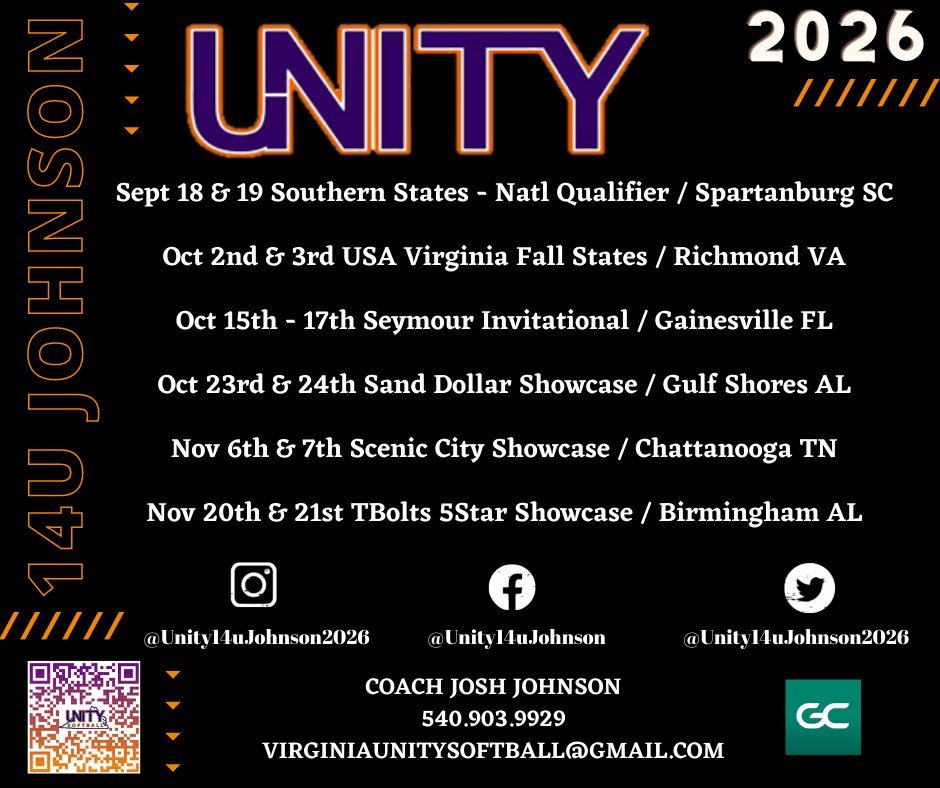 UnityJohnsonVB's tweet photo. 🗓 17 Days until we get this 🎉 started! We are 👀 forward to making this jump 🆙 to 14u! 

😉 Don’t forget to follow us! Trust us they’ll steal your 💜 as quick as they steal bases! 

👍🏼 FB: @Unity14u-Johnson2026
📷 IG: @Unity14uJohnson2026

Let’s Goooo!! #unitystrong https://t.co/6ZIfvL3Jno