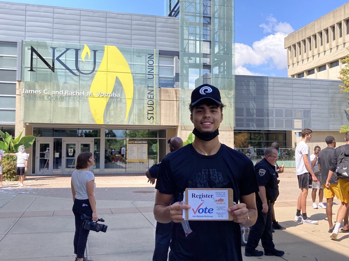 NKY_KFTC's tweet photo. Spent today registering voters at @nkuedu, and spoke with #NKUHoops about #Democracy! #NorseUp #ChooseKY https://t.co/q8MR4MeIOd