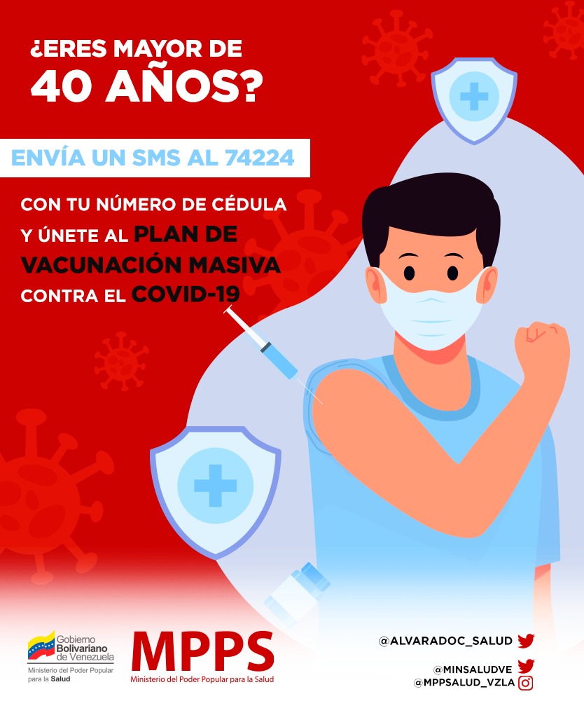 Si tienes más de 40 años y no estás vacunado contra la Covid19, envía tu número de cédula al 74224 y recibirás una cita para ser vacunado en un centro de inmunización próximo a tu domicilio! Avanzamos unidos en el Plan Nacional de Vacunación!
#VenezuelaProductiva