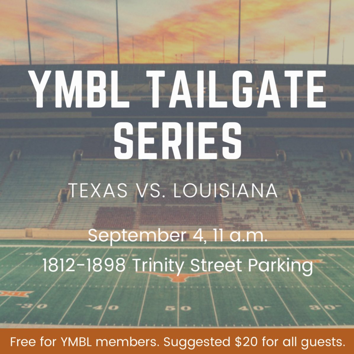 ATTENTION!!! YMBL Tailgates are back in action starting this Saturday @ 11am. 
Come join us and watch TX VS LOUISIANA with complimentary food and drinks! See you there 🏈