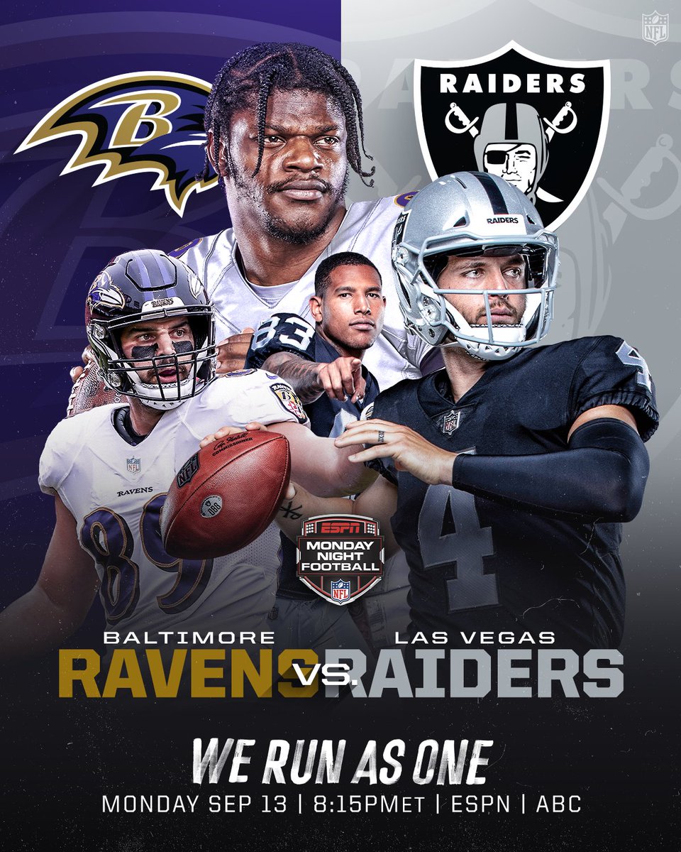 NFL's tweet image. Monday Night Football is back so 🔜 

@Ravens | @Raiders | #WeRunAsOne

📺: #BALvsLV -- Monday, Sep. 13 at 8:15pm ET on ESPN/ABC
📱: NFL app // Yahoo Sports app
