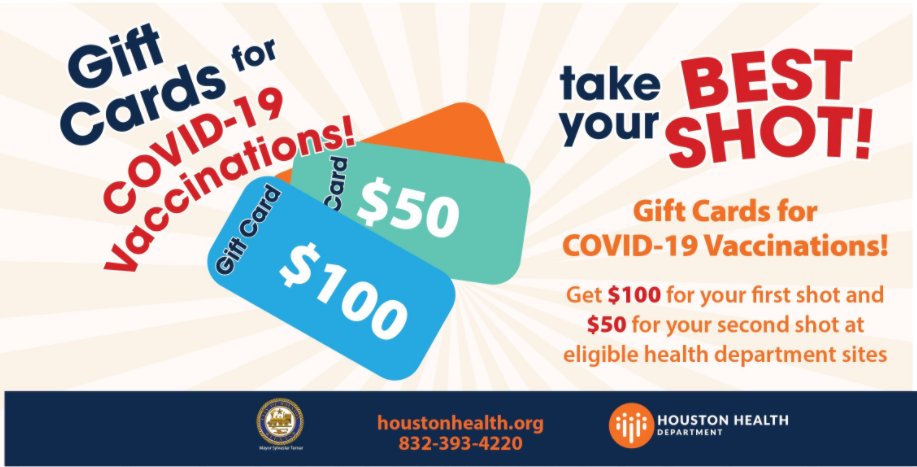 #Houston, there's currently NO WAIT at our Tidwell Park (9720 Spaulding St.) #COVID19 #vaccination site! Come get your first dose and $100 gift card‼️ 
<a href="/HoustonHealth/">Houston Health Dept</a> staff will be there until 6 p.m. today! 

For more info visit: bit.ly/150GiftCards or call 832-393-4220.