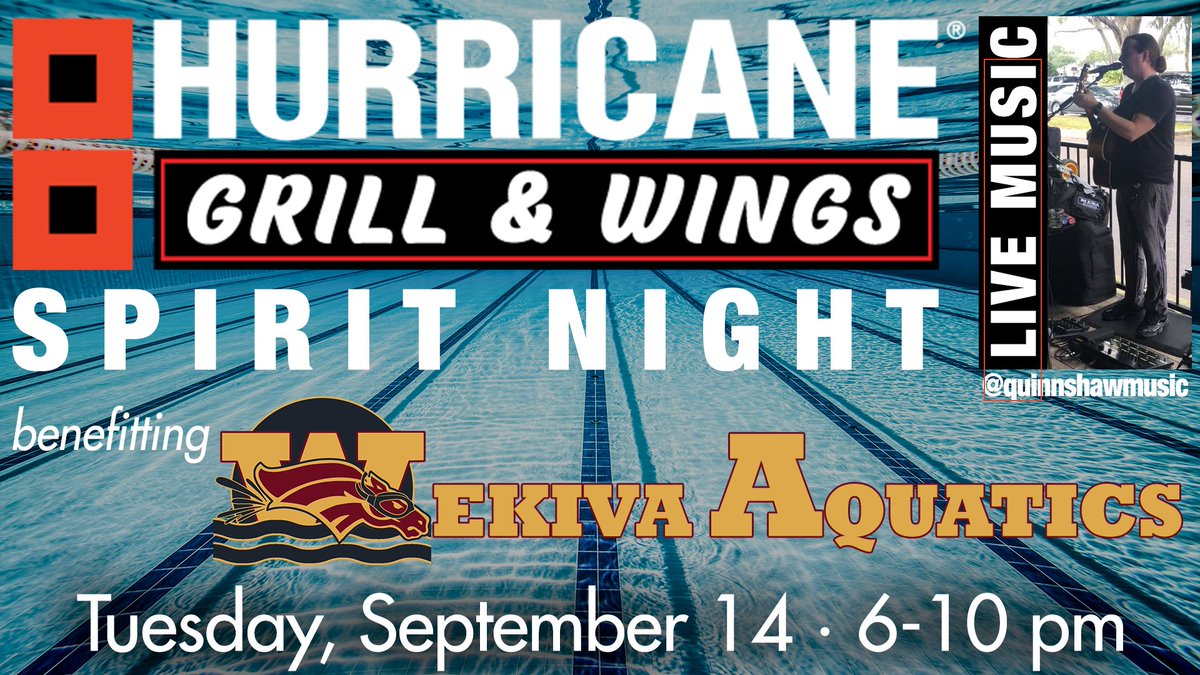 Wekiva Athletics (@wekivasports) on Twitter photo TUESDAY 9/14 6-10pm: Make dinner plans at <a href="/HurricaneFlavor/">Hurricane Wings</a> Apopka for <a href="/WekivaAquatics/">Wekiva Aquatics Swimming/Water Polo</a> Spirit Night and live music from <a href="/quinnshawmusic/">Quinn Shaw</a>! Be sure to tell your server you're supporting the Mustangs, and a portion of your check will benefit our Swimming and Water Polo programs! TUESDAY 9/14 6-10pm: Make dinner plans at <a href="/HurricaneFlavor/">Hurricane Wings</a> Apopka for <a href="/WekivaAquatics/">Wekiva Aquatics Swimming/Water Polo</a> Spirit Night and live music from <a href="/quinnshawmusic/">Quinn Shaw</a>! Be sure to tell your server you're supporting the Mustangs, and a portion of your check will benefit our Swimming and Water Polo programs!