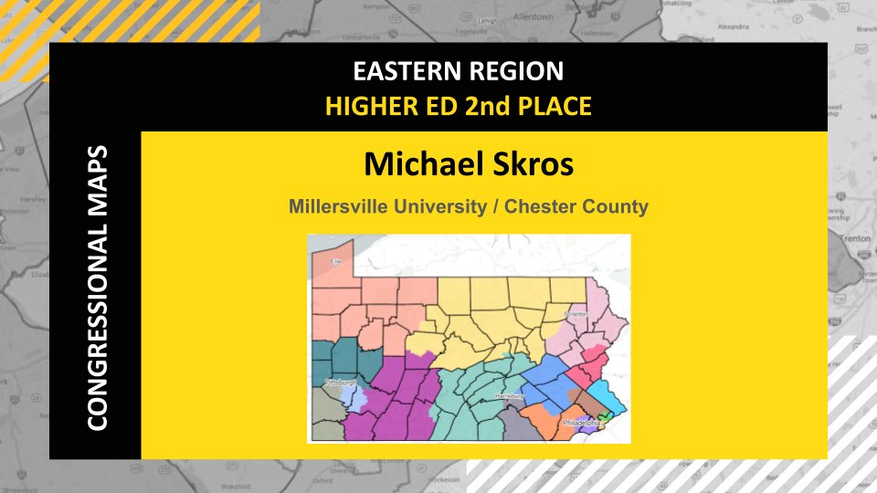 DrawTheLinesPA's tweet image. Congrats to the eastern PA higher education winners from the 2020-2021 #MappingCompetition!

Christian started from scratch without referencing the current congressional maps, and his winning map met his goals of compactness with limited population deviation. Great job!