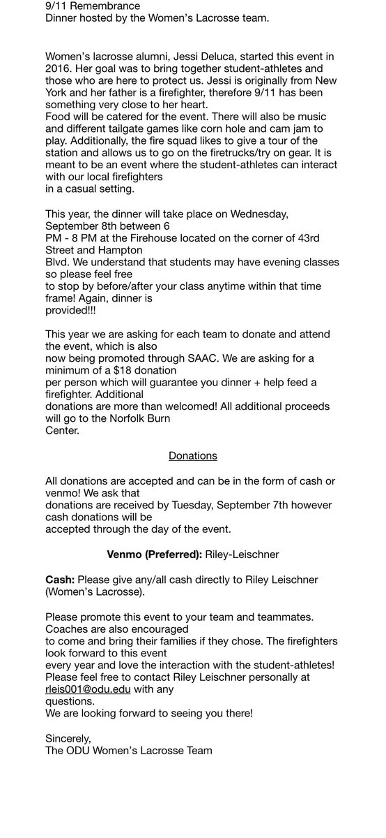 The Annual 9/11 Remembrance Dinner is quickly approaching! 🇺🇸 Hosted by <a href="/ODULacrosse/">ODU Lacrosse</a> , this event will take place on Wednesday, September 8, 2021. Tell your friends and teammates! 
• #MonarchsUnited • #ReignOn •
