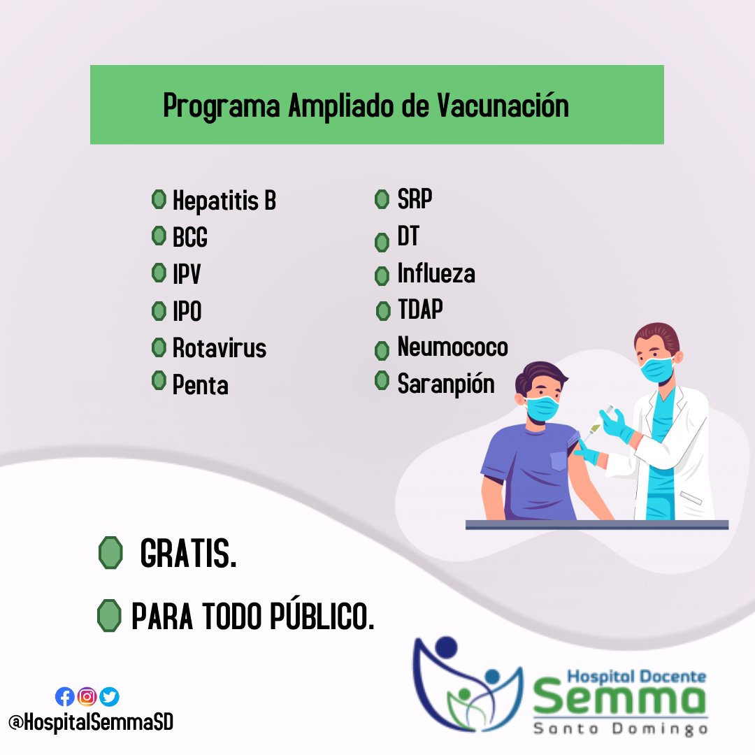 HospitalSemmaSD's tweet photo. En el hospital Docente Semma Santo Domingo contamos con un programa de vacunas totalmente gratis.
¿Qué esperas para visitarnos? 🤔
#SemmaSantoDomingo #HospitalSemmaSD #vacunas #programasgratis https://t.co/qopC7ewVb0
