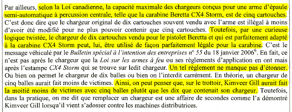 Polysesouvient's tweet image. Because of a loophole in the law, the Dawson shooter was able to use a 10-bullet magazine for the long gun he used to shoot his victims (Beretta CX4 Storm) despite theoretical legal limit of 5. Here is an excerpt of the coroner's report #BanLargeCapacityMagazines #Elxn44