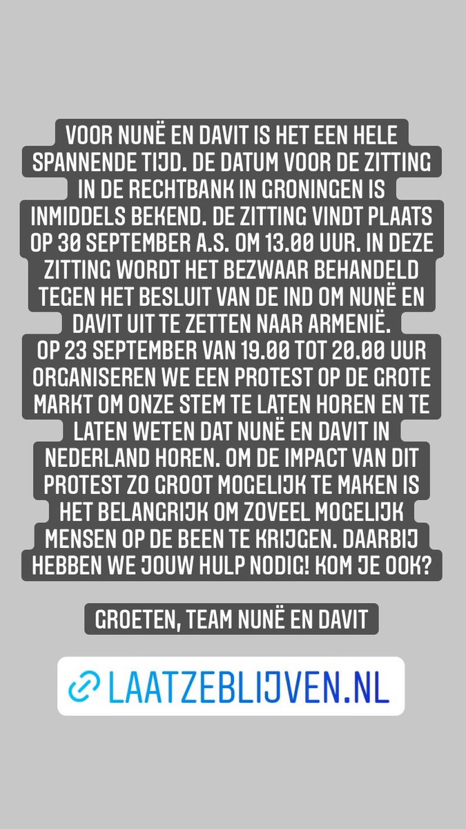 nune_davit's tweet photo. We hebben jullie hulp nodig!! Kom allemaal naar de Grote Markt in Groningen op 23 september! #groningen #protest #nunedavit #laatzeblijven https://t.co/oiALsWSoFU