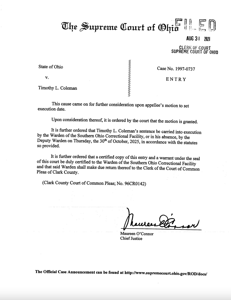 RDunhamDP's tweet photo. Here is the #Ohio Supreme Court's order setting an October 30, 2025 execution date for #TimothyColeman. https://t.co/5VitZbPZyA @DPInfoCtr #deathpenalty https://t.co/7FtMFOGVZI