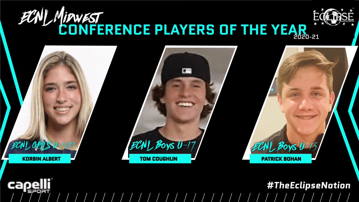 EclipseSelectSC's tweet photo. 3⃣ Eclipse Select Players Awarded @TheECNL Midwest Conference Player of The Year; 11 @ECNLboys and 17 @ECNLgirls named All-Conference.

@korbinsoccer24, @TommyCoughlin6, and @PatrickBohan31 

#TheEclipseNation #LeadersPlayHere #AlwaysBeMore

Full Story👇
https://t.co/XhElTTB6HG https://t.co/qOx5UD5quW