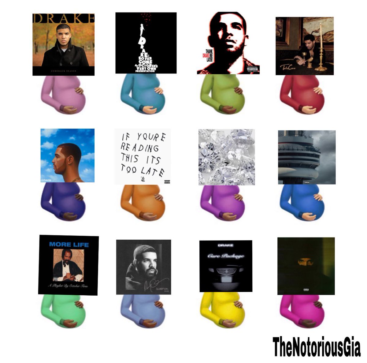 TheNotoriousGia's tweet photo. Woah now I see why Drake chose 12 pregnant emojis because he birthed all these amazing 12 projects!!!!😩 https://t.co/e2zaoOusJk