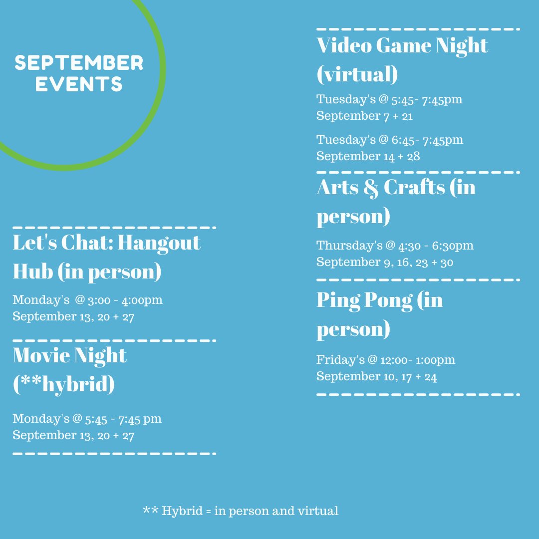 September has arrived , and we will be having most of our activities in person . Come check out our schedule and register with us in advance.

Get in touch Monday - Thursday from 11 am- 8pm and Friday 10am-2pm by DM , email (ywhn.signup@gmail.com) or by phone at 905-229-9946