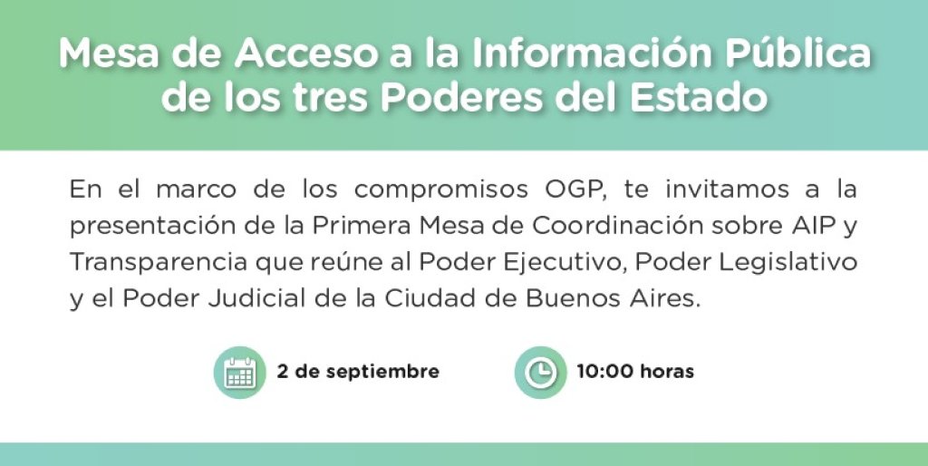 [AGENDA] Interesante actividad de  los tres poderes de la Ciudad de Buenos Aires en el marco de OGP.  #AccesoalaInformación #Transparencia 

📅Jueves 02/09 a las 10hs.

📝 Inscripción en: bit.ly/3tdOioH