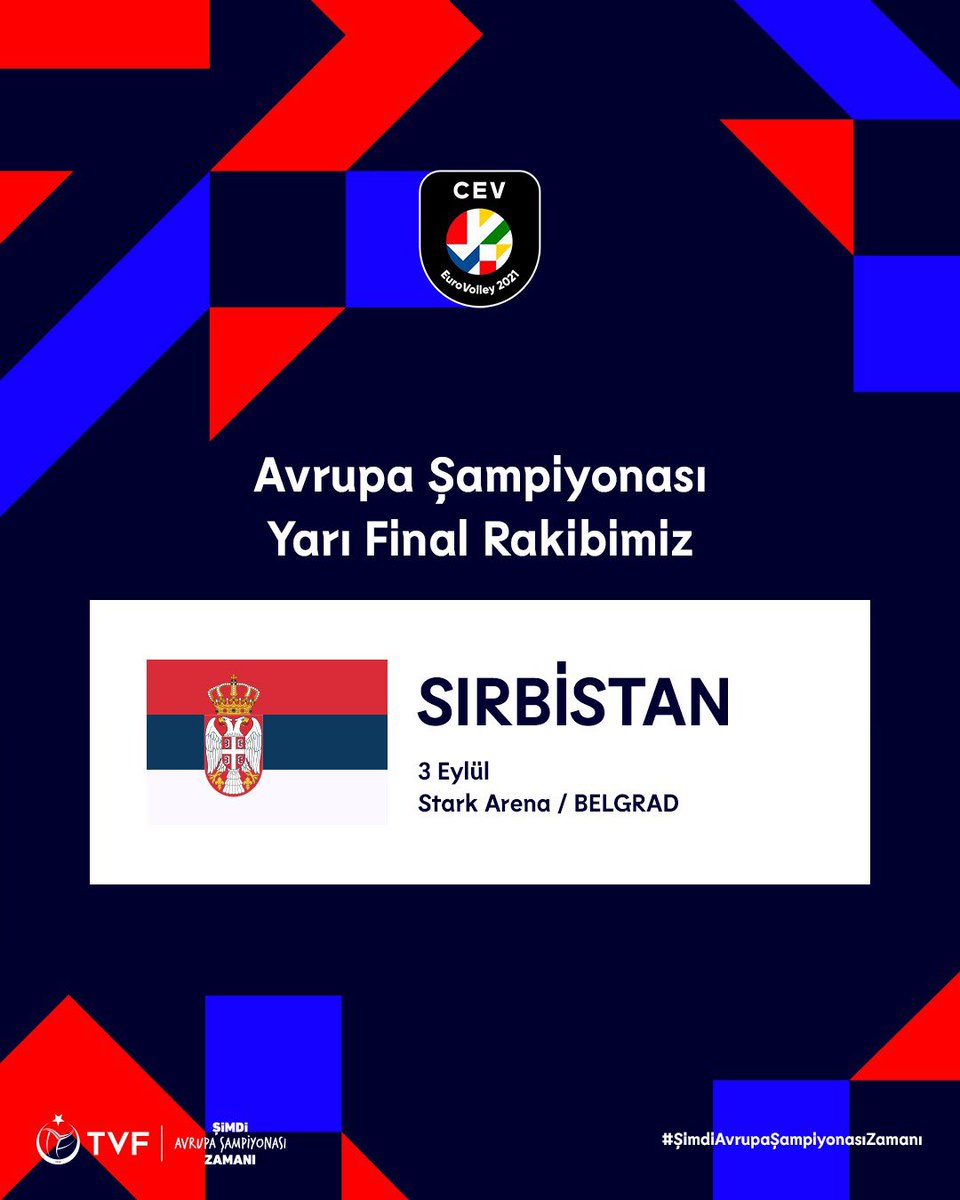 TVForgtr's tweet photo. 🇹🇷🏐 Kadınlar Avrupa Şampiyonası yarı finalindeki rakibimiz Sırbistan oluyor. ⏳ Filenin Sultanları, Sırbistan Milli Takımı ile 3 Eylül Cuma günü Sırbistan’ın Belgrad şehrinde karşılaşacak.

#ŞimdiAvrupaŞampiyonasıZamanı #ŞimdiVoleybolZamanı #BizVoleybolÜlkesiyiz #EuroVolleyW https://t.co/JaUGLqiJsD