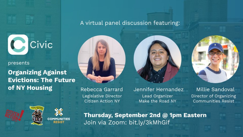 Tomorrow! A panel on Organizing Against Evictions by
@TheCivicApp

Our Director of Organizing 
@sandoval_milli joins
@garrar26 of @citizenactionny & 
@jenni_del_bloc of @MaketheRoadNY to talk about how to organize in response to evictions.

Zoom via our Linktree

#EvictionFreeNY
