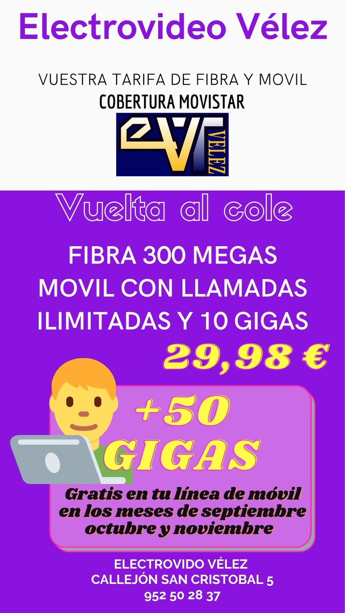 pasionevtv's tweet photo. Comenzamos Septiembre y la vuelta al cole y en Electrovideo Vélez queremos ayudar a ello y ponemos en marcha la oferta de Fibra 300 Megas y Móvil con Llamadas ilimitadas y 10 Gigas y un bono gratis de 50 Gigas cada mes hasta Noviembre todo por 29,98 Euros. https://t.co/8Ih1XSmnyY