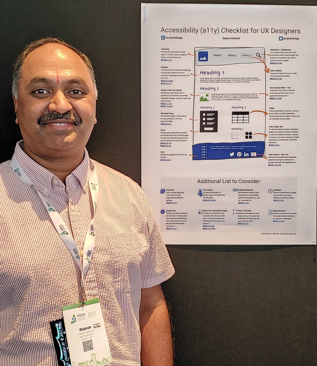 rajeshdesign's tweet image. I enjoyed presenting the &quot;#Accessibility Checklist for #UX Designers&quot; at the #UXPA2021 conference. Someone suggested that I should sell this poster. I want to check the interest of the #uxdesign &amp;amp; #userexperince community. DM if you are interested in buying this checklist! #a11y