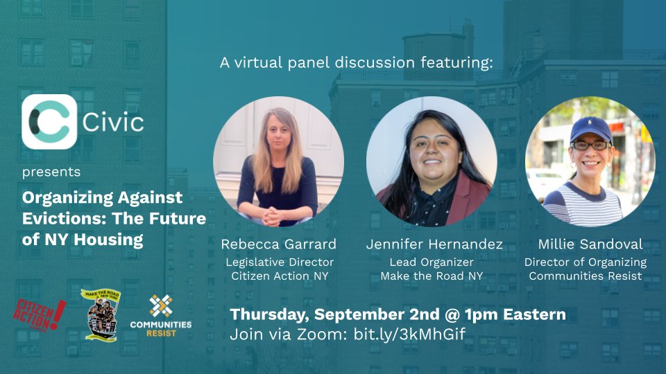 Today at 1pm! A panel on Organizing Against Evictions by
@TheCivicApp

Our Director of Organizing 
@sandoval_milli joins
@garrar26 of @citizenactionny & 
@jenni_del_bloc of @MaketheRoadNY to talk about organizing in response to evictions

Zoom via our Linktree

#EvictionFreeNY