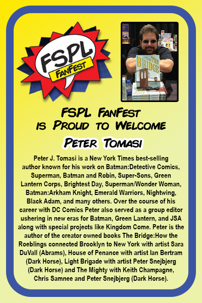 FSPLibrary's tweet photo. Peter Tomasi will be signing autographs Saturday, Oct. 2nd from 10am-12pm and 2pm-4pm. Peter will also be signing Sunday, Oct. 3rd from 10am-12pm and 1pm-3pm. Autographs are $5 per signature.

Tickets purchased at: https://t.co/OongsdUB87. https://t.co/GgTOGfwZCH